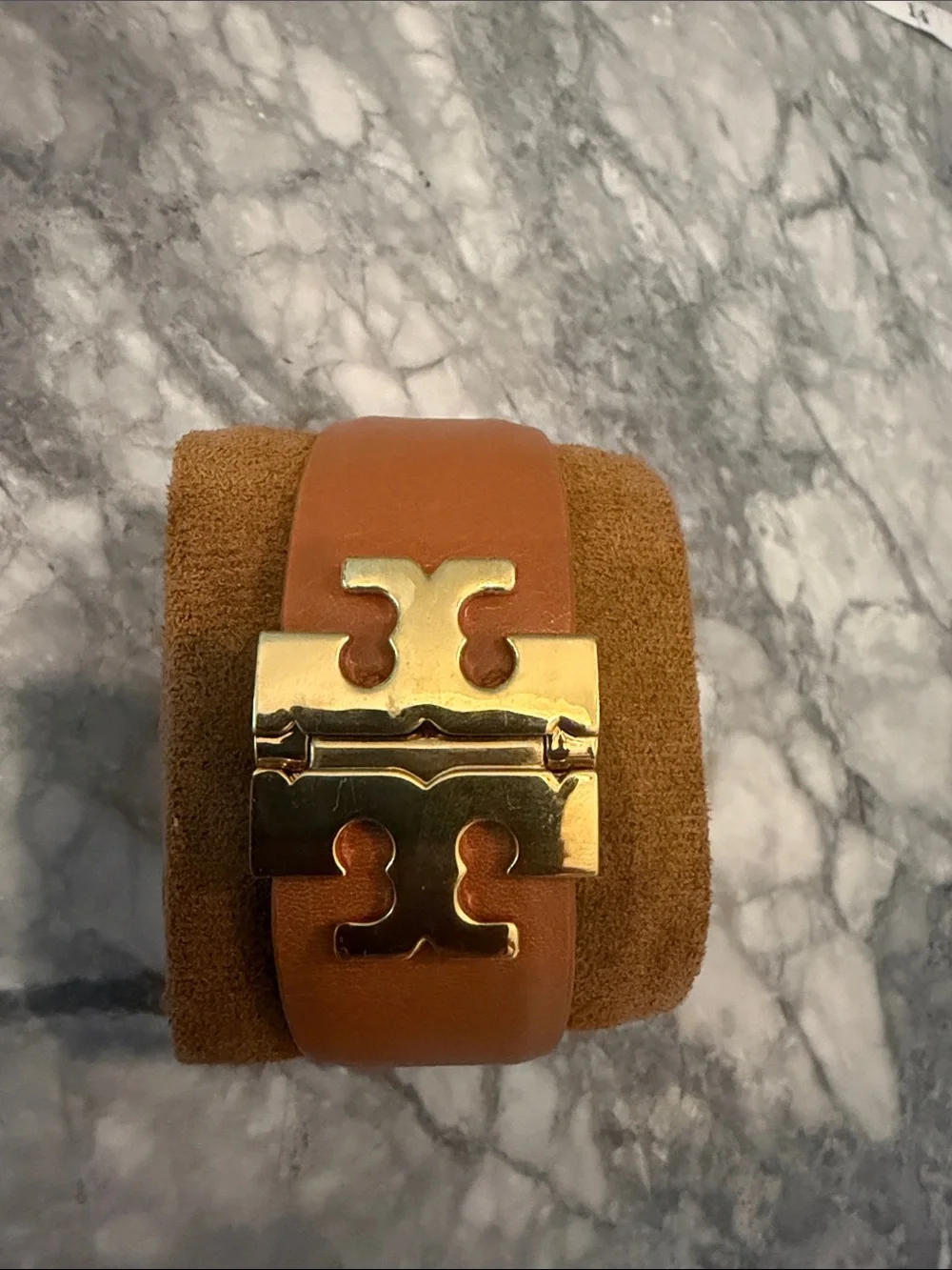 Tory Burch Tan Leather Bracelet with Gold Logo Hardware
